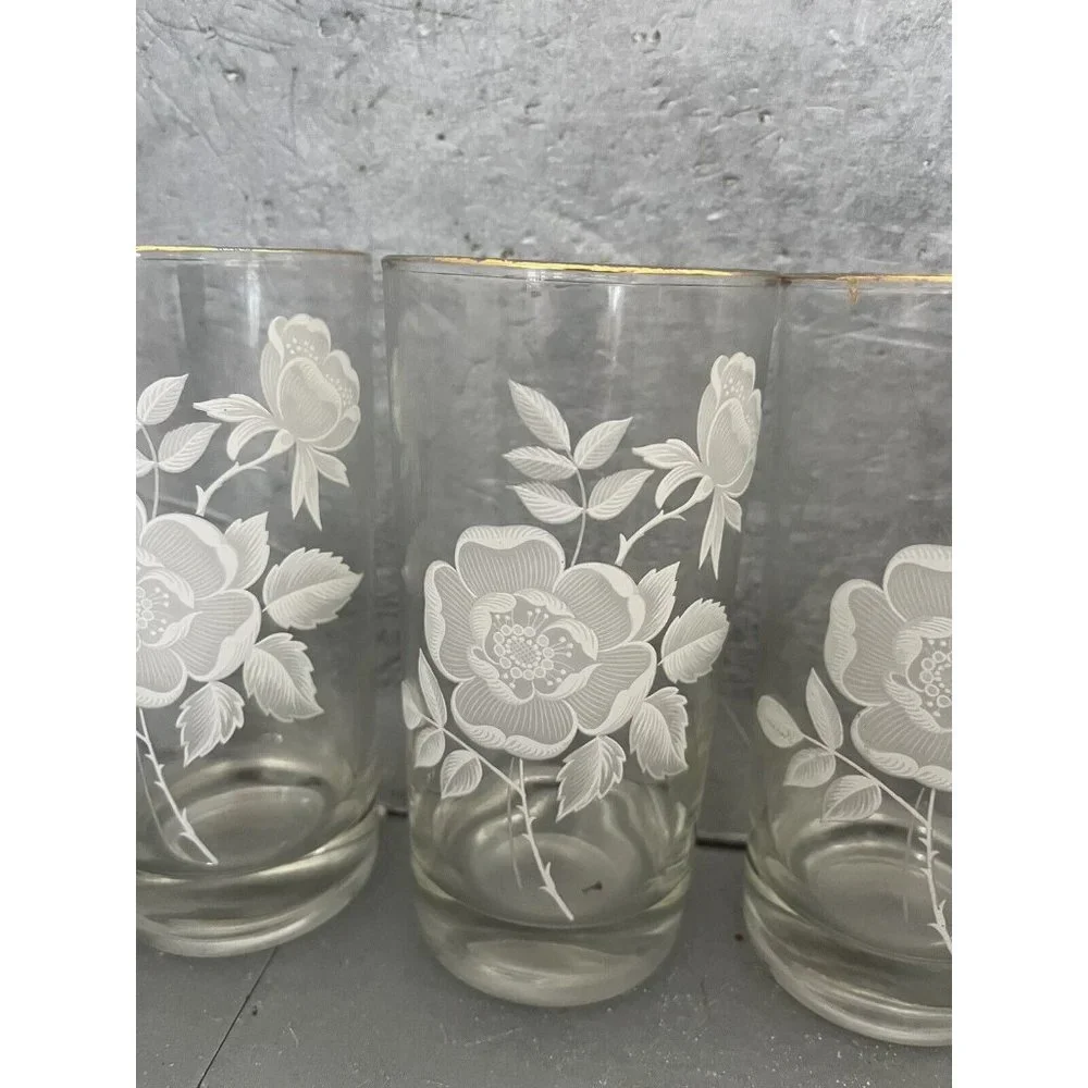 Vintage Wild Rose Floral Juice Glasses Gold Rim Tumblers Set of 5